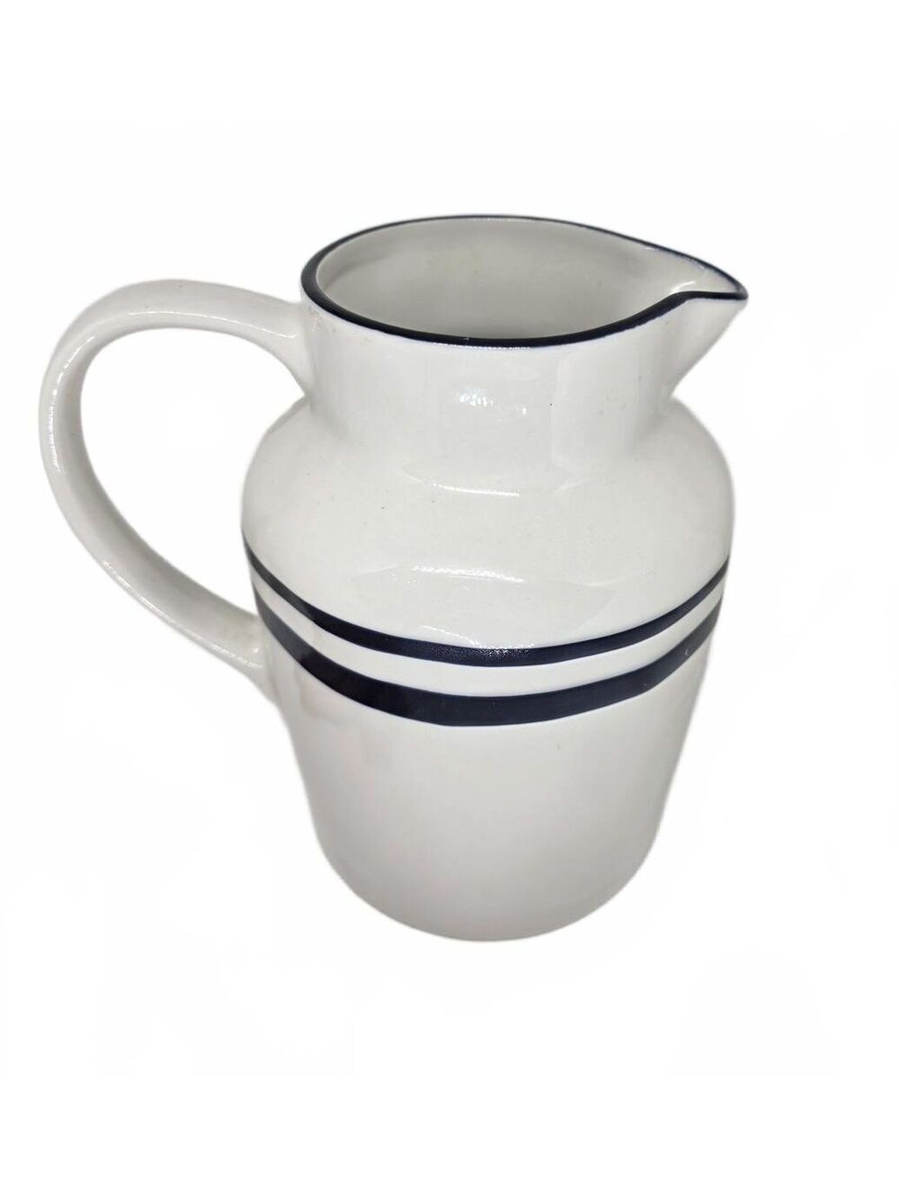 Ashland Ceramic Pitcher White W/ Blue Stripes 7.5" Farmhouse